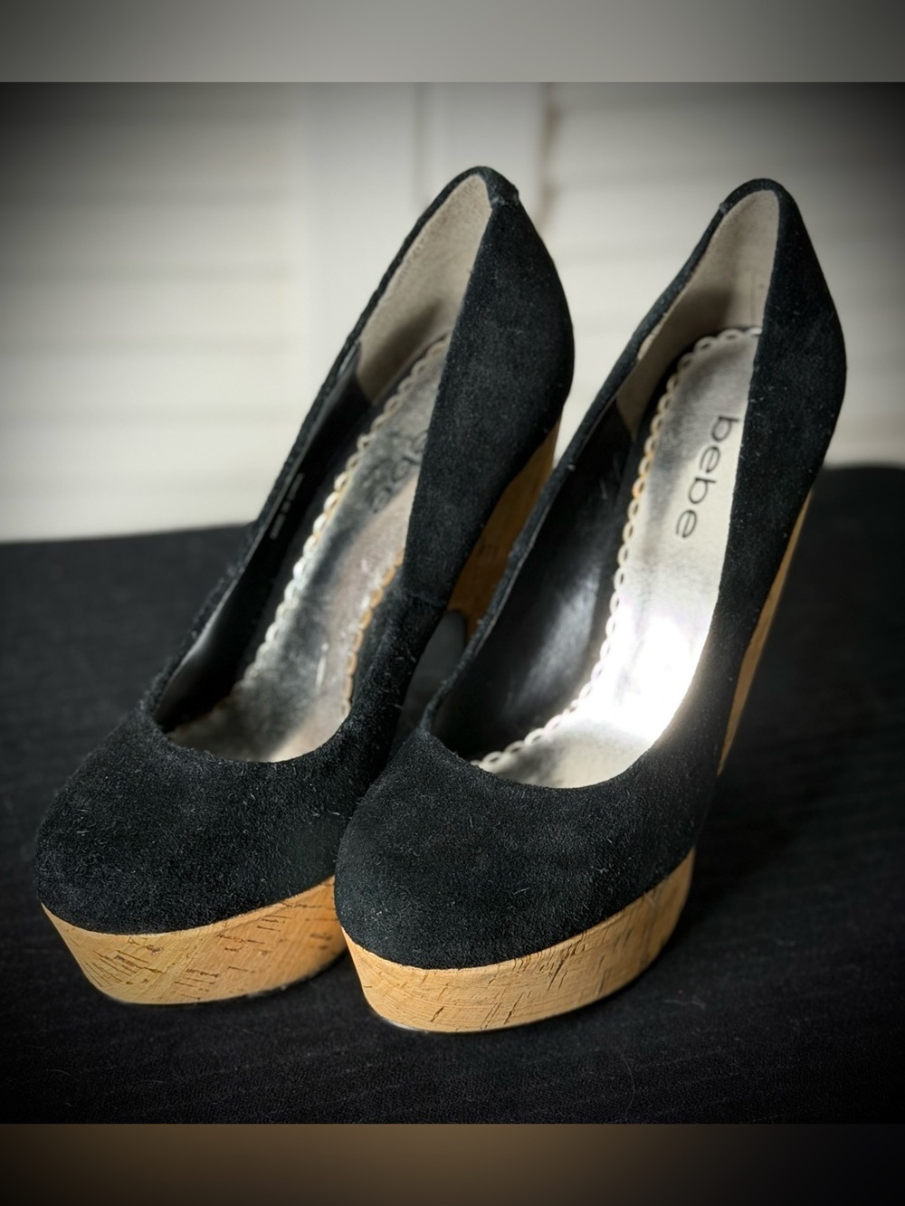 VINTAGE. Bebe Black Suede Cork Platform/Wedge Size 6
***NEW***